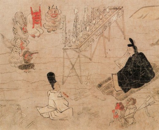 園城寺(三井寺)の縁起の一つである『不動利益縁起』を著した絵巻物。 祭壇を構えて2匹の式神(右下)を従えた陰陽師・安倍晴明(右中央)が、姿を現した物の怪ども(左上)と対峙しつつ病身身代わりの祈祷を行っている場面。 東京国立博物館所蔵。