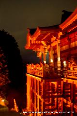 狸谷不動院　千日詣り火渡り祭 : 護摩焚きに赤く浮かび上がる本殿