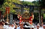 粟田祭にみる当家飾の剣鉾 : 剣鉾のあと出御する粟田神輿。鳥居の額には「感神院新宮」とある。